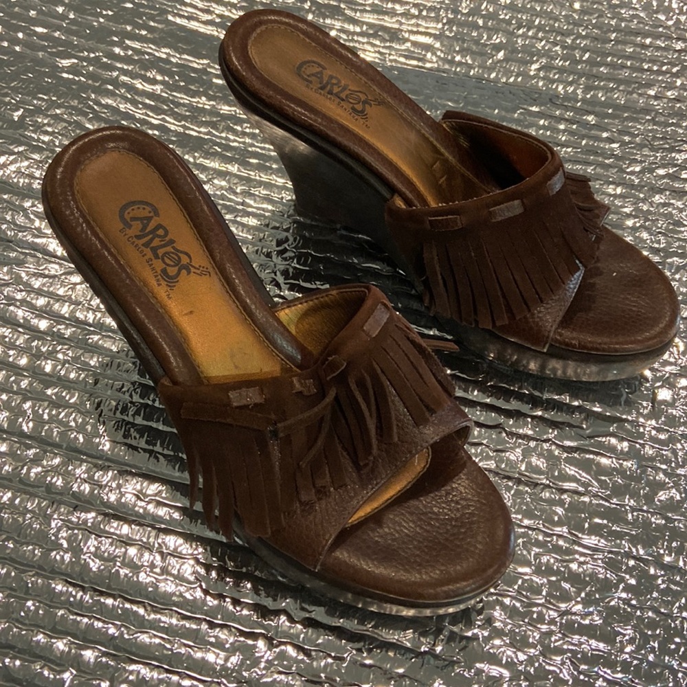Brown suede and leather wedge shoe